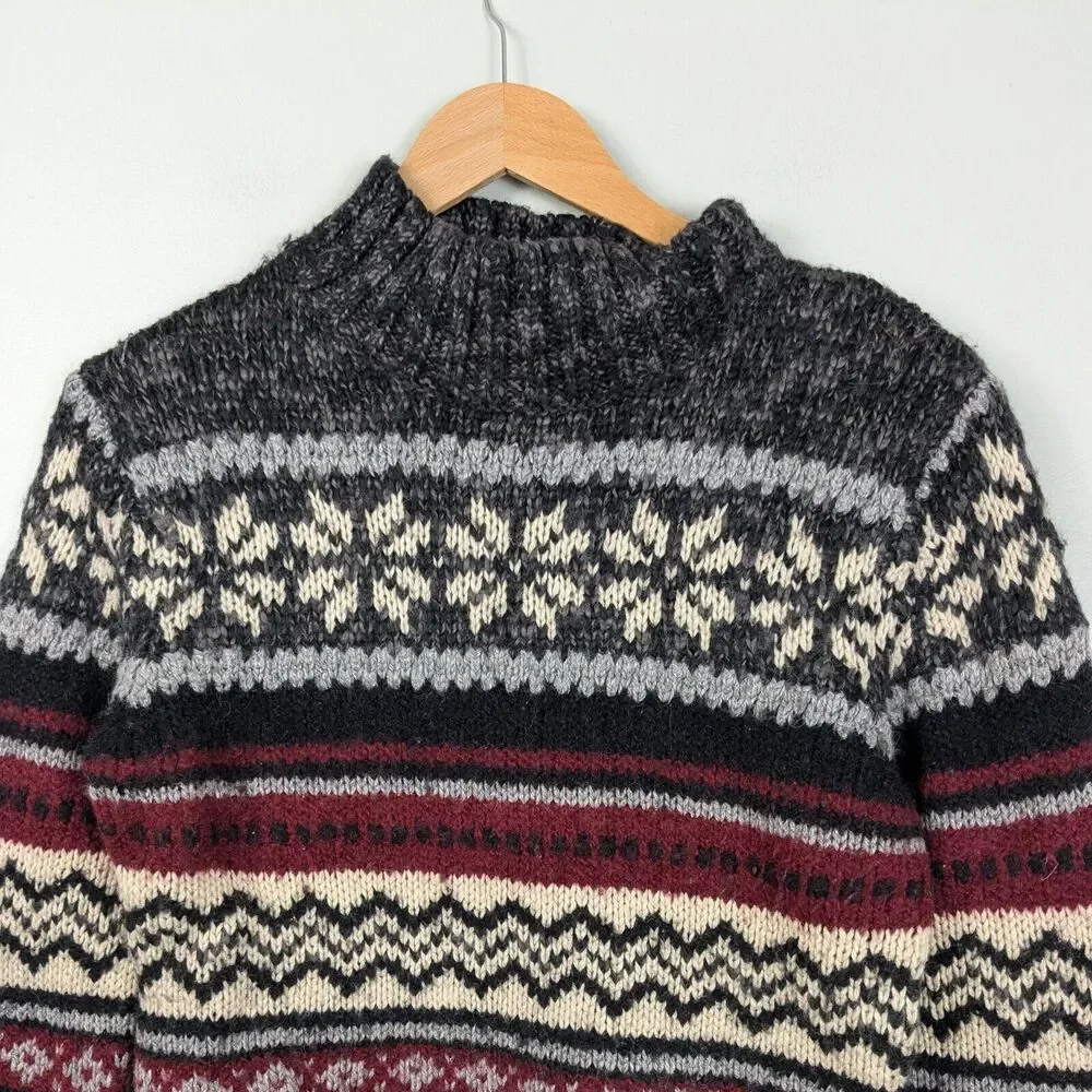 Vintage Sweater 90s Turtuleneck Chunky Stripe Snowflake Wool Isle Red Gray S